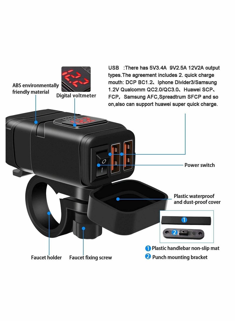 Motorcycle USB Phone Charger 6.8A, QC3.0 Fast Charging Dual Port, SAE to Adapter with Voltmeter ON/Off Switch Fuse Waterproof Quick Disconnect Plug for Smart Tablet GPS 7/8inch Handlebar - Image 3