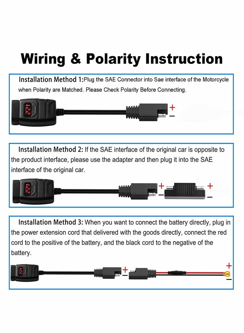 Motorcycle USB Phone Charger 6.8A, QC3.0 Fast Charging Dual Port, SAE to Adapter with Voltmeter ON/Off Switch Fuse Waterproof Quick Disconnect Plug for Smart Tablet GPS 7/8inch Handlebar - Image 2