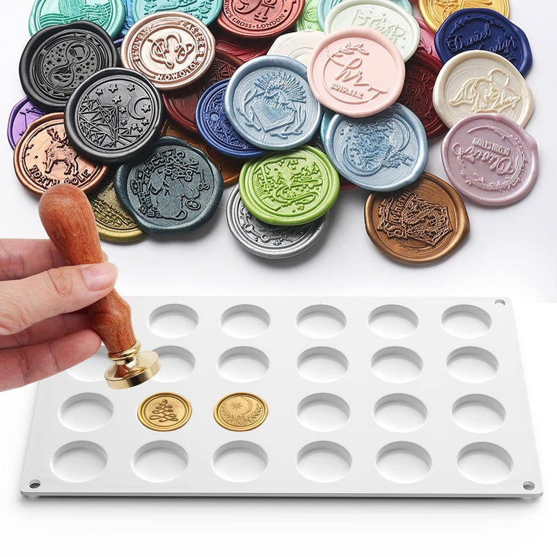 CANIPHA Silicone Mat Pad for Wax Seal Stamp,24 Cavity Wax Sealing Mat Pad with 50 Pcs Removable Double-Sided Adhesive Dots for DIY Craft Adhesive Waxing Sealing Seal Stamp Stickers - Image 1
