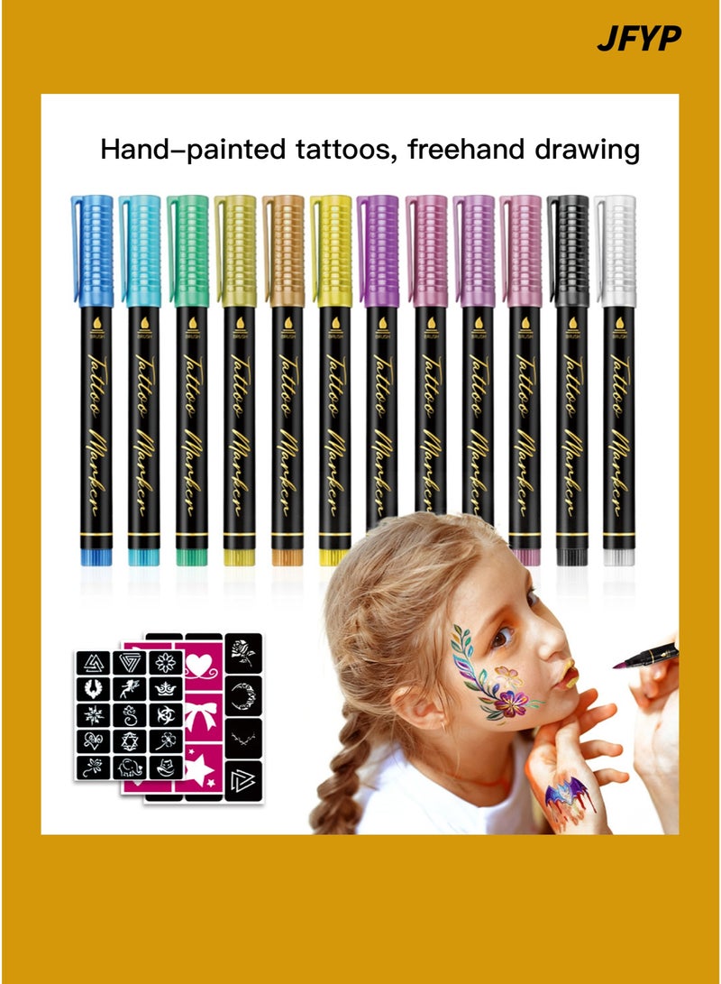 JFYP 12-Color Soft-Tip Temporary Tattoo Pens, Disposable Drawing Pens, Holiday Party Role-Playing Creative Graffiti Pens - Image 1
