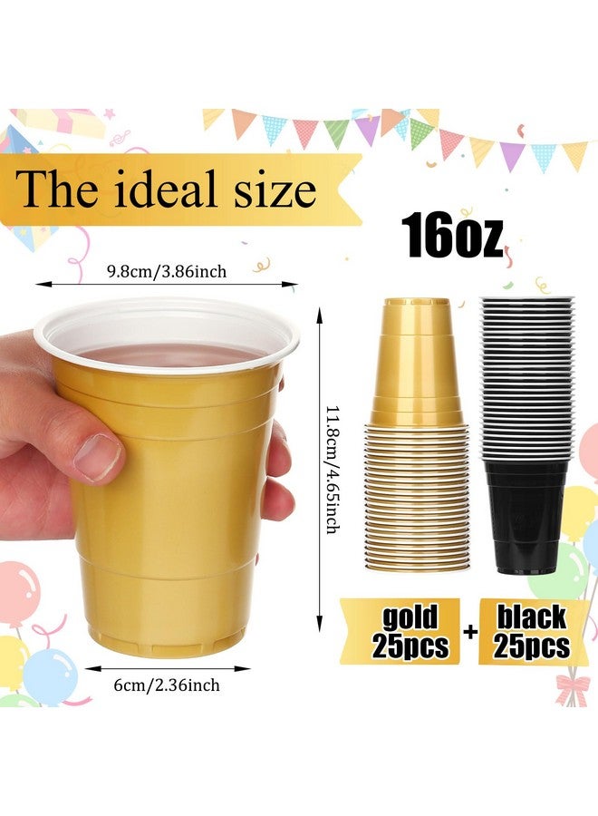 كيسا بلان أكواب بلاستيكية من كيسابلان، 50 قطعة، سعة 16 أونصة، أكواب تخرج باللونين الأسود والذهبي، أكواب حفلات للاستخدام مرة واحدة، بكميات كبيرة للحفلات والتخرج وحفلات الزفاف وأعياد الميلاد والتجمعات العائلية والاحتفالات الاحتفالية - Image 3