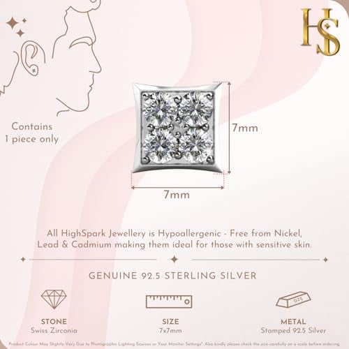 HIGHSPARK 925 Silver Men's Stylish Square Solitaire Earring | 92.5 Sterling Silver and Diamond like Brilliance Zirconia | Single Stud for Men | Lovely Gift - 4CZRD Square - Image 2