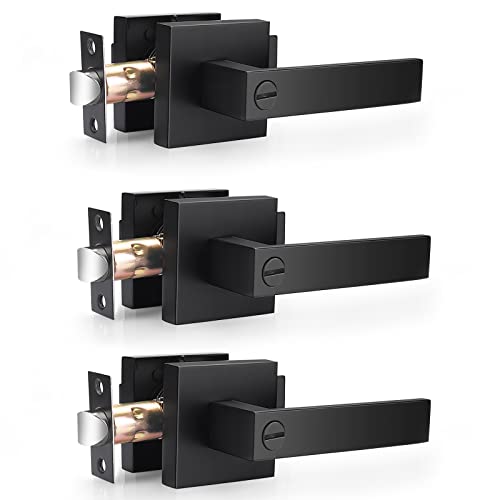 Probrico Heavy Duty Flat Black Door Handle Square Privacy Interior Door Levers Bedroom and Bathroom Door Handles Keyless Bed/Bath Lockset (3 Pack) - Image 1