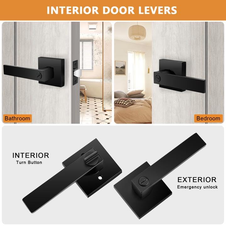 Probrico Heavy Duty Flat Black Door Handle Square Privacy Interior Door Levers Bedroom and Bathroom Door Handles Keyless Bed/Bath Lockset (3 Pack) - Image 2