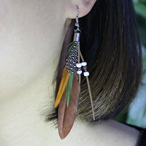 KISSPAT Nature Feather Dangle Earrings, Brown, 3-3.5 in Length, Alloy Hook, Handmade - Image 2