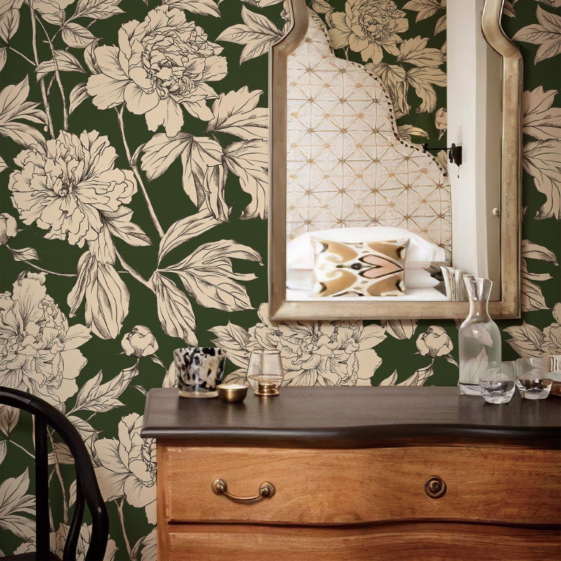 Simon&Siff Floral Linear Wallpaper, Black White Peel and Stick Wallpaper Sketch Flowers Removable Floral Wall Paper for Bedroom Bathroom Walls Cabinets Shelves (Green, 17.3"x118") - Image 2