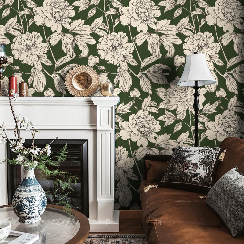 Simon&Siff Floral Linear Wallpaper, Black White Peel and Stick Wallpaper Sketch Flowers Removable Floral Wall Paper for Bedroom Bathroom Walls Cabinets Shelves (Green, 17.3"x118") - Image 3