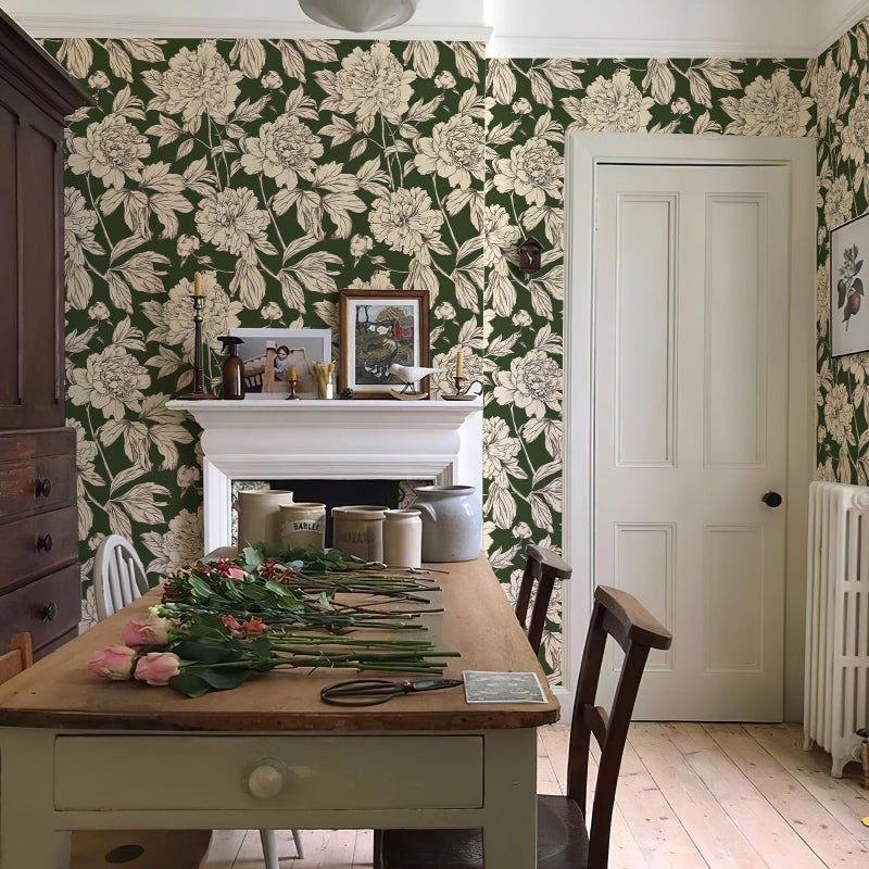 Simon&Siff Floral Linear Wallpaper, Black White Peel and Stick Wallpaper Sketch Flowers Removable Floral Wall Paper for Bedroom Bathroom Walls Cabinets Shelves (Green, 17.3"x118") - Image 4