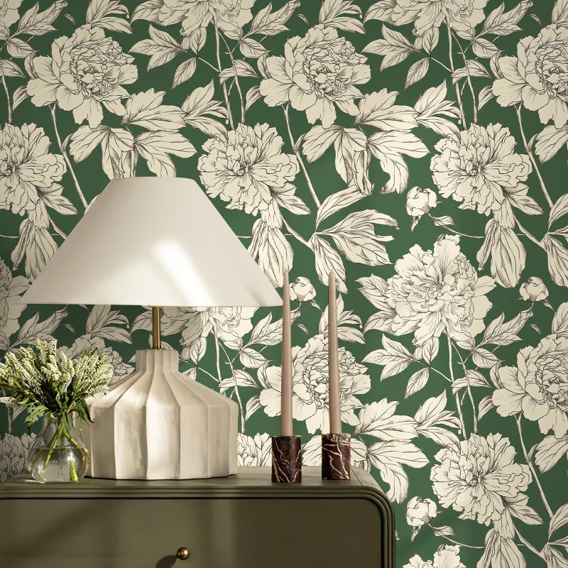 Simon&Siff Floral Linear Wallpaper, Black White Peel and Stick Wallpaper Sketch Flowers Removable Floral Wall Paper for Bedroom Bathroom Walls Cabinets Shelves (Green, 17.3"x118") - Image 1