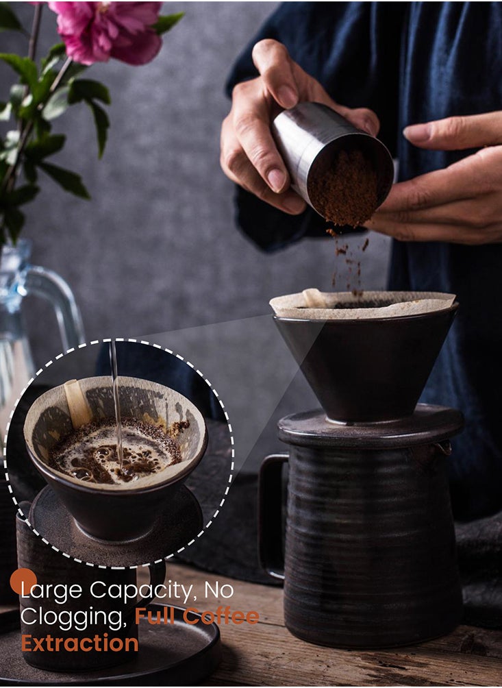 Perfii Vintage 6-Piece Ceramic Coffee Set with 2 Cups, 2 Ceramic Coasters, Porcelain Coffeepot, and Ceramic Filter  - Image 2