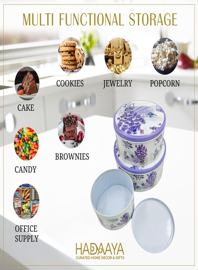 hadaaya Pack of 3 Stackable Round Metal Tin Containers with Lids Pack of 2 - Multipurpose Tins for Cookies, Candies, Kitchen Storage & More | Thoughtful Gift for Birthday - Elegant Lavender Flower Design - Image 4