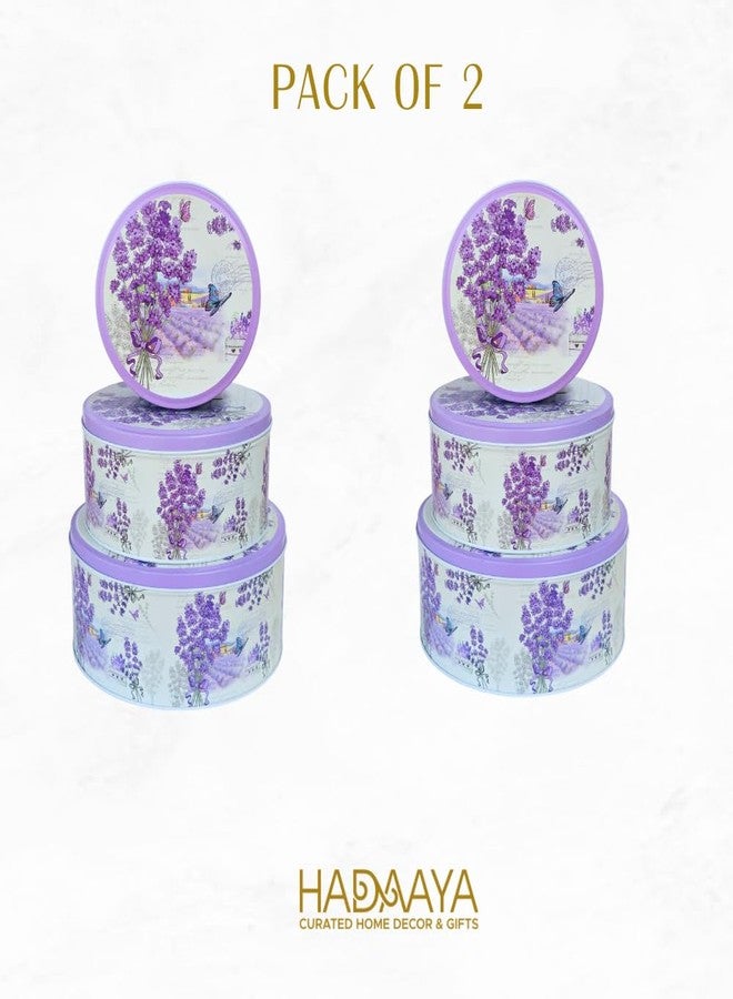 hadaaya Pack of 3 Stackable Round Metal Tin Containers with Lids Pack of 2 - Multipurpose Tins for Cookies, Candies, Kitchen Storage & More | Thoughtful Gift for Birthday - Elegant Lavender Flower Design - Image 2
