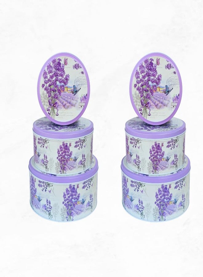 hadaaya Pack of 3 Stackable Round Metal Tin Containers with Lids Pack of 2 - Multipurpose Tins for Cookies, Candies, Kitchen Storage & More | Thoughtful Gift for Birthday - Elegant Lavender Flower Design - Image 1