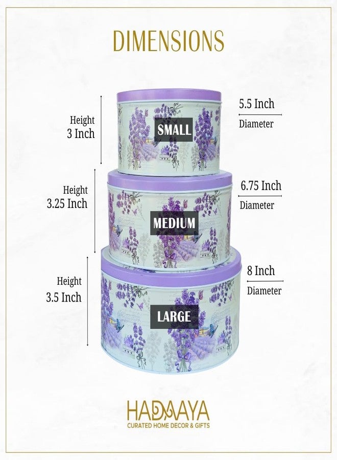 hadaaya Pack of 3 Stackable Round Metal Tin Containers with Lids Pack of 2 - Multipurpose Tins for Cookies, Candies, Kitchen Storage & More | Thoughtful Gift for Birthday - Elegant Lavender Flower Design - Image 3