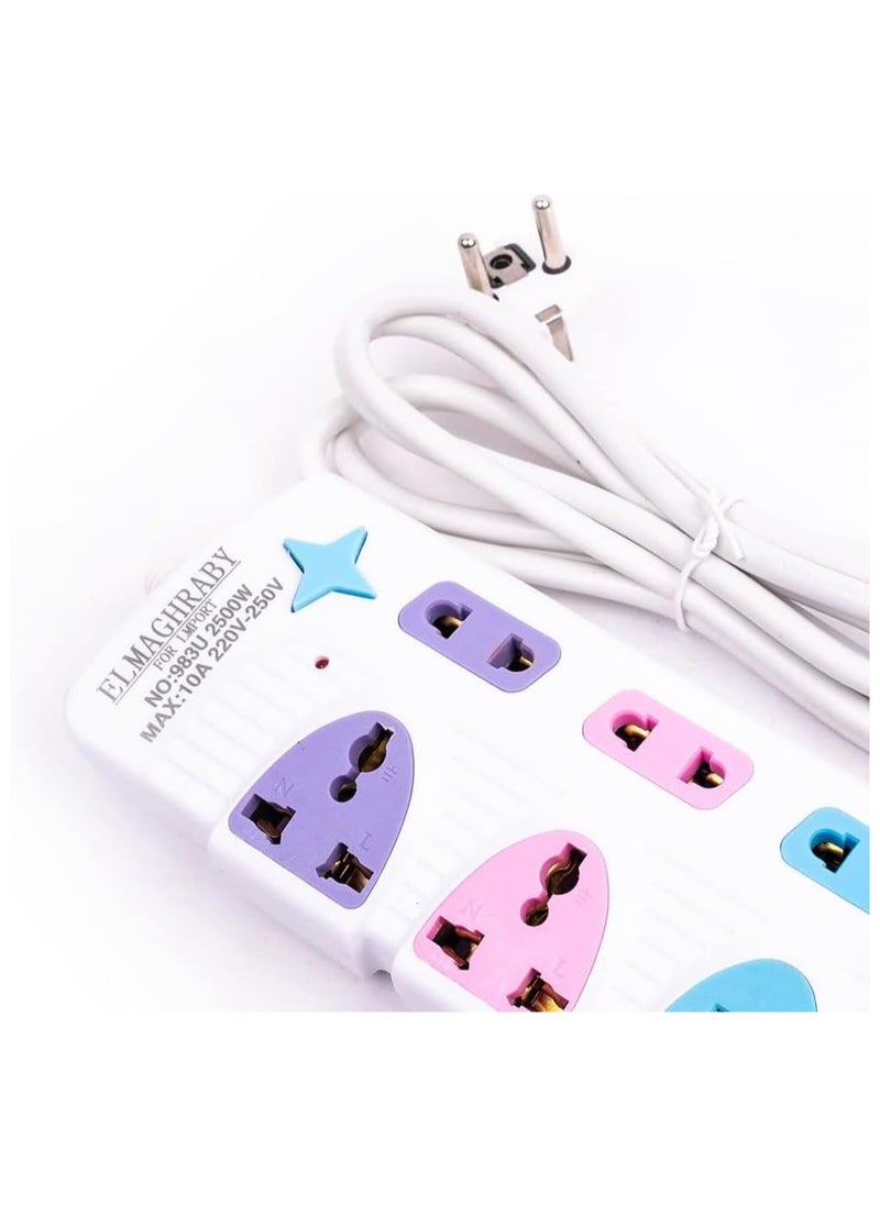 Star Power Strip Plus 2 USB Charging Port with Lock & Unlock/2m Cable (5 Inputs including 2 Triple Inputs)