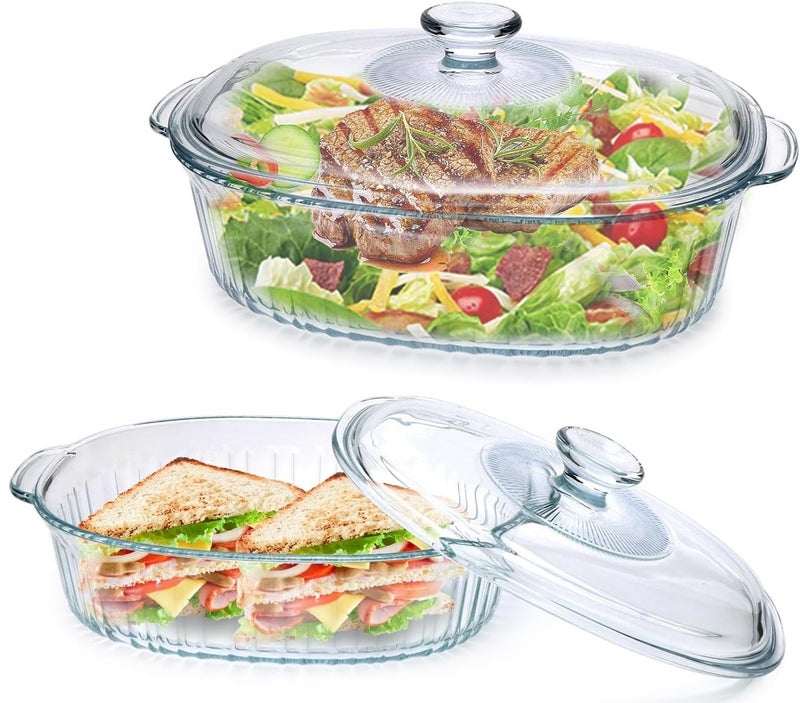 Mevanta Glass Casserole with Lid - 1800ML Borosilicate Glass Bowl for Cooking Baking Serving Mixing Storing - Microwave & Oven Safe Serving Bowl with Lid for Kitchen ,Dining , Food Multipurpose (Oval - A, Set of 2) - Image 1