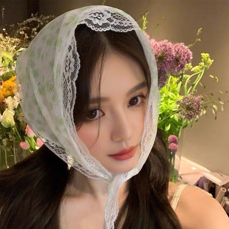 Generic Elegant Lace Triangle Headscarf Summer Band Green little apple
