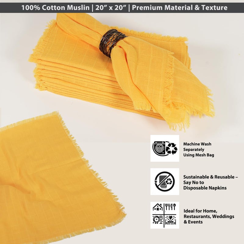 Vargottam 100% Cotton Muslin Cloth Napkins – Set of 12 | 20"x20" Reusable Table Linen with Fringed Edges & Self-Check Texture | Solid Color Napkins Perfect for Upscale Dining & Events - Orange - Image 3