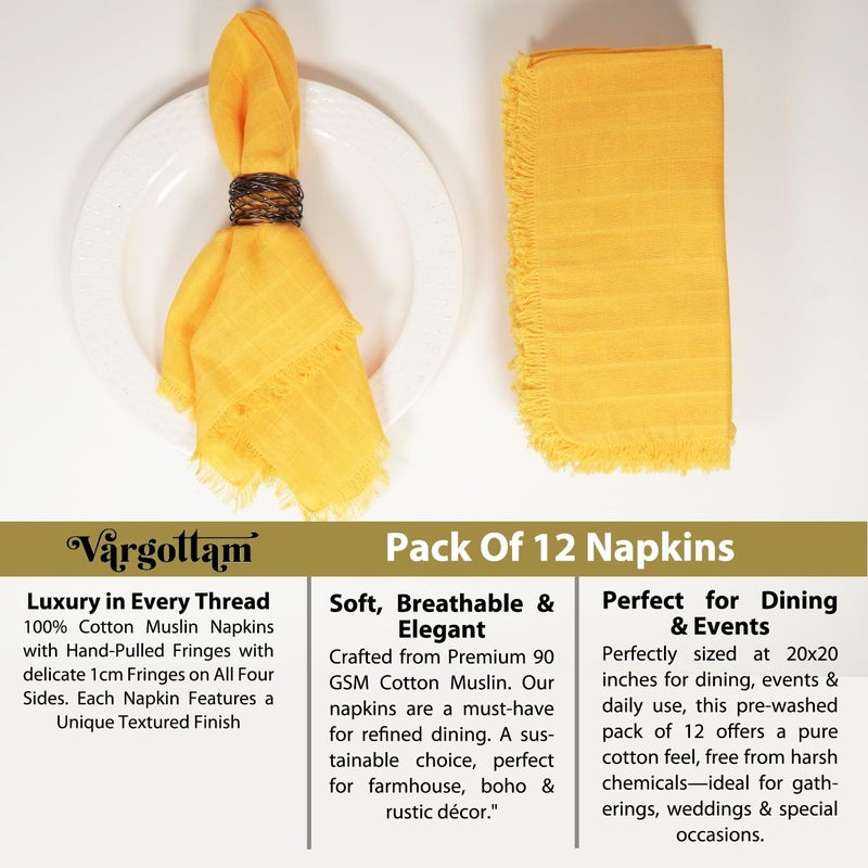 Vargottam 100% Cotton Muslin Cloth Napkins – Set of 12 | 20"x20" Reusable Table Linen with Fringed Edges & Self-Check Texture | Solid Color Napkins Perfect for Upscale Dining & Events - Orange - Image 5