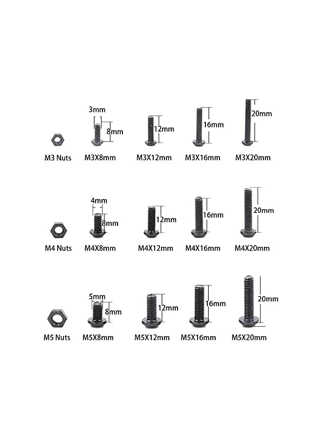 Hilitchi 460-Pcs M3 M4 M5 Button Head Hex Socket Head Cap Bolts Screws Nuts Assortment Kit - 10.9 Grade Alloy Steel - Image 2