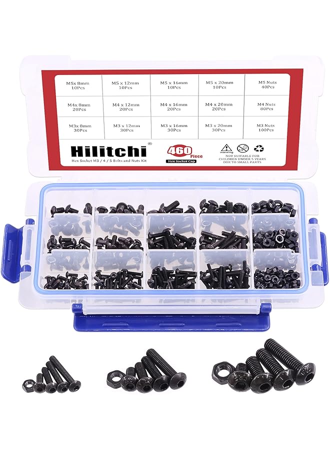 Hilitchi 460-Pcs M3 M4 M5 Button Head Hex Socket Head Cap Bolts Screws Nuts Assortment Kit - 10.9 Grade Alloy Steel - Image 1