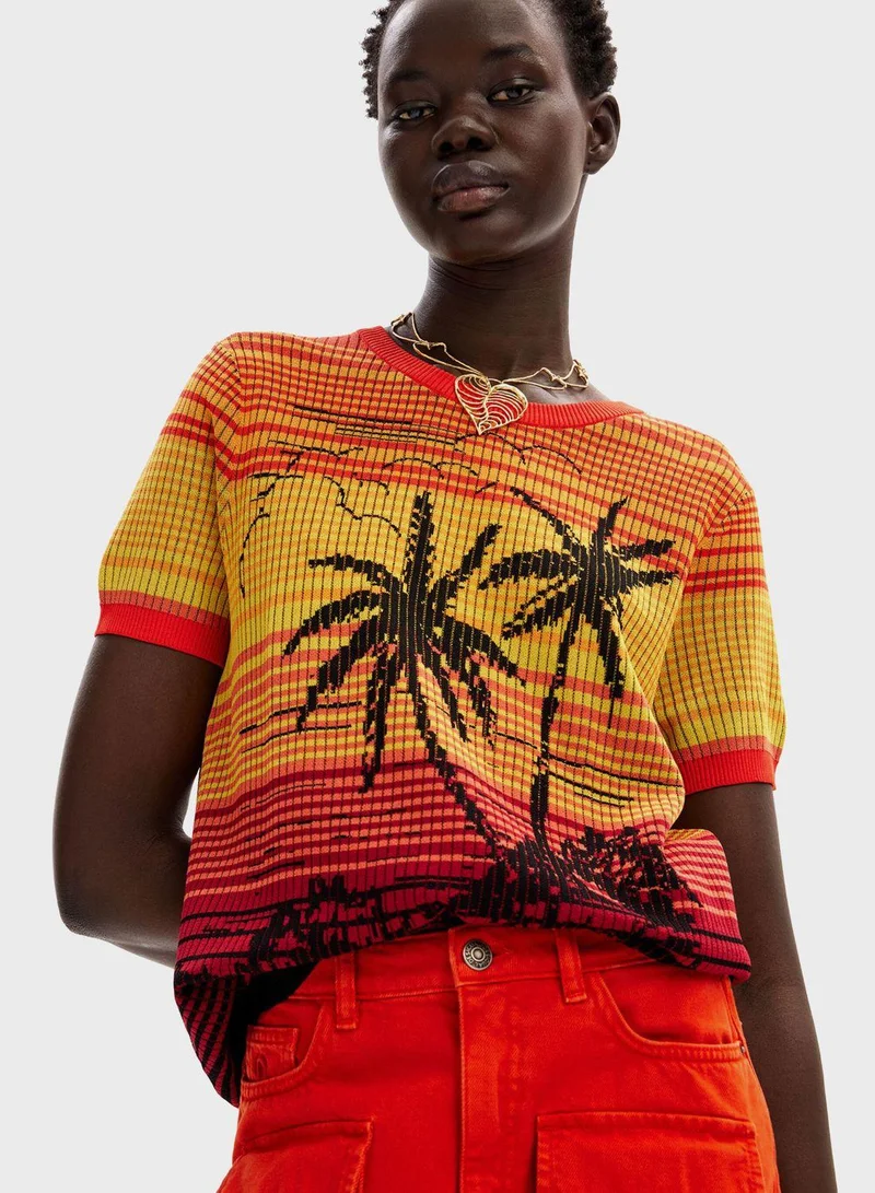 DESIGUAL Knit Palm Tree Crew Neck T-Shirt