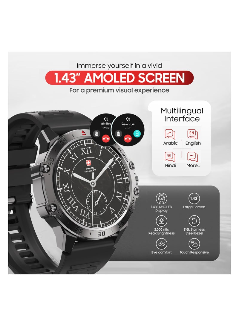 SWISS MILITARY Swiss Military DOM5 Smartwatch | AMOLED Screen, Voice Calls, Multilingual Interface, SpO2 & Heart Rate Monitor, IP68 Rated - Black  - Image 5