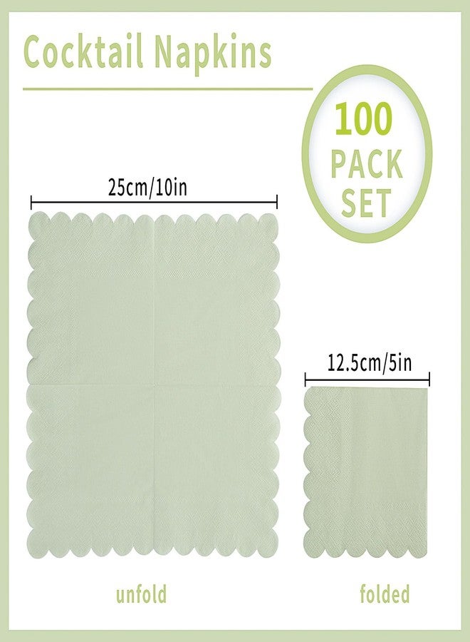 BEFORYOU 100 Pack Cocktail Napkin 2-Ply Scalloped Edged Dessert Napkins Folded 5 x 5 Inches Disposable Napkins for Dinner Wedding Birthday Party Bridal Anniversary Reception Event (Sage Green) - Image 2