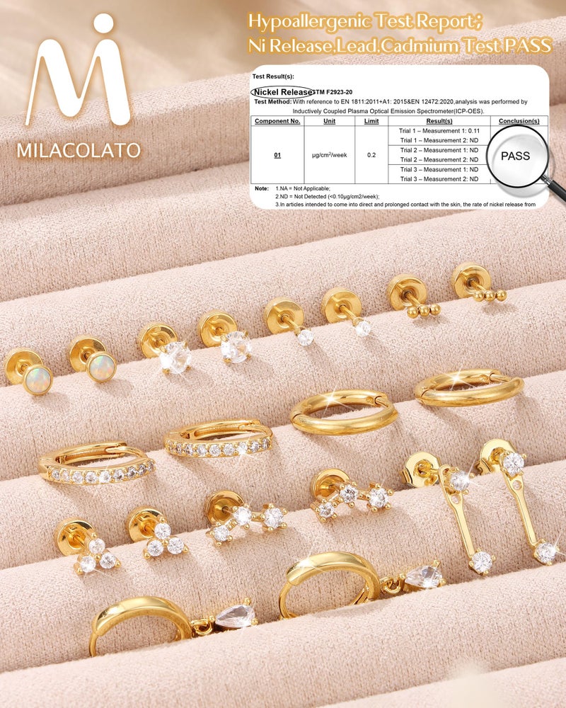 MILACOLATO Hypoallergenic Flat Back Earrings 14K Gold Plated Cartilage Earring Sets for Multiple Piercing 20G Surgical Stainless Steel Earrings for Women Trendy Earring Stacks Small Hoop Flatback Stud Earrings G - Image 4