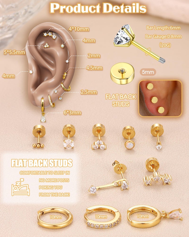 MILACOLATO Hypoallergenic Flat Back Earrings 14K Gold Plated Cartilage Earring Sets for Multiple Piercing 20G Surgical Stainless Steel Earrings for Women Trendy Earring Stacks Small Hoop Flatback Stud Earrings G - Image 5