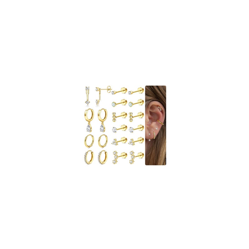 MILACOLATO Hypoallergenic Flat Back Earrings 14K Gold Plated Cartilage Earring Sets for Multiple Piercing 20G Surgical Stainless Steel Earrings for Women Trendy Earring Stacks Small Hoop Flatback Stud Earrings G - Image 1