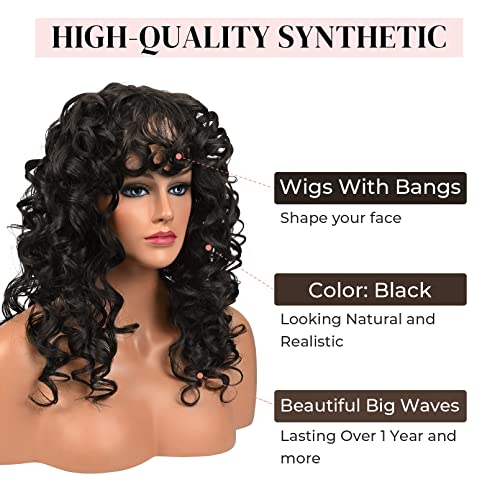 LONAI Curly Wig with Bangs for Black Women Long Black Kinky Wigs with Wispy Bangs WIG006 Curly Gorgeous Fringe Synthetic Wig for Daily Use Party Cosplay-Black - Image 2