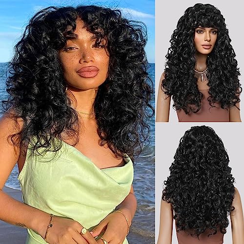 LONAI Curly Wig with Bangs for Black Women Long Black Kinky Wigs with Wispy Bangs WIG006 Curly Gorgeous Fringe Synthetic Wig for Daily Use Party Cosplay-Black - Image 1
