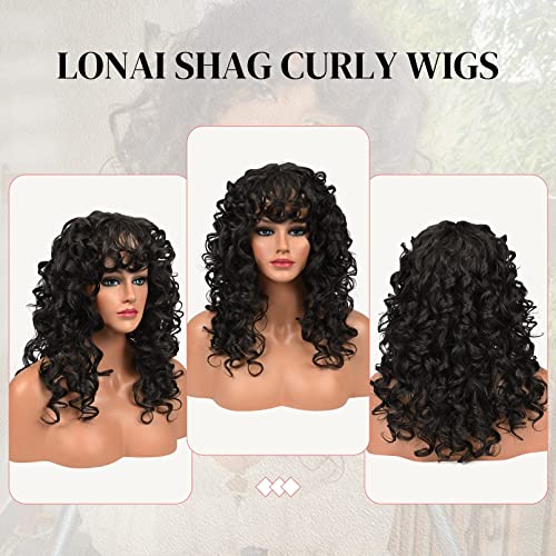 LONAI Curly Wig with Bangs for Black Women Long Black Kinky Wigs with Wispy Bangs WIG006 Curly Gorgeous Fringe Synthetic Wig for Daily Use Party Cosplay-Black - Image 4