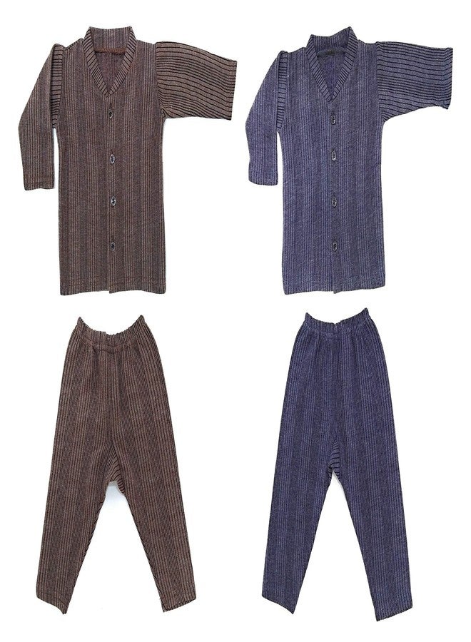 Tangy Kids Thermal Set Front Open Inner Winter Wear Top & Pyjama Body Warmer for New Born Infants Baby Boys & Baby Girls in Dark Color Set of 2 (Brown Blue, 12-18 Months) - Image 1