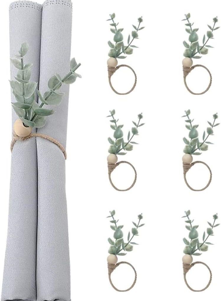 Napkin Rings, Spring Napkin Rings Set, Eucalyptus Napkin Rings, Greenery Napkin Rings, Boho Leaf Napkin Rings, Rustic Farmhouse Wooden Napkin Holders for Spring Summer Weddings Party Table Decor(6Pcs)  - Image 1