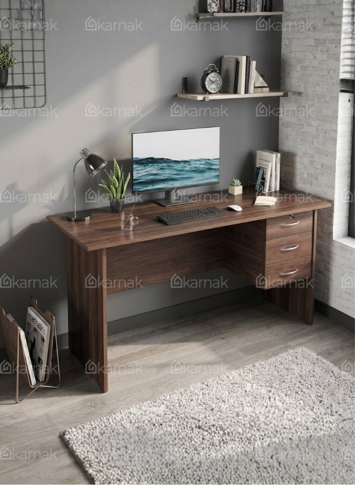 Karnak Denard Wooden Office Desk with Lockable Drawers | Modern Study & Gaming Table Workstation for Home Office Furniture (Walnut) - Image 3
