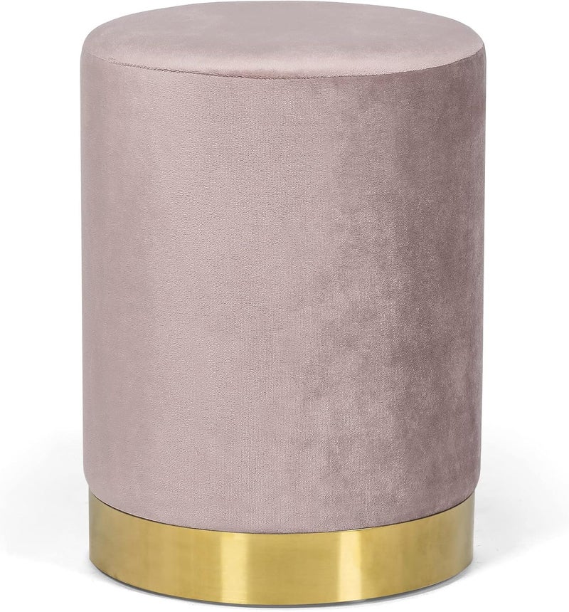 Round Upholstered Velvet Ottoman with Gold Metal Base, Pink, Makeup Vanity Chair
