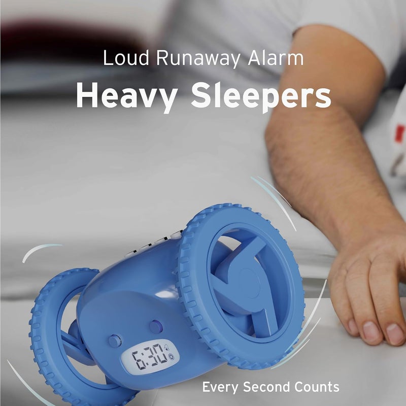 CLOCKY Extra Super Loud Alarm Clock for Heavy Sleepers Adults Kids Teens Bedroom, Move Jump Roll Run Away Easy to Set Smart Digital Alarm Clock Funny Gag Gift (Blue Wheels) - Image 4