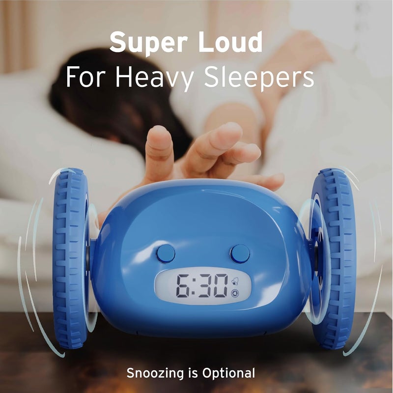 CLOCKY Extra Super Loud Alarm Clock for Heavy Sleepers Adults Kids Teens Bedroom, Move Jump Roll Run Away Easy to Set Smart Digital Alarm Clock Funny Gag Gift (Blue Wheels) - Image 5
