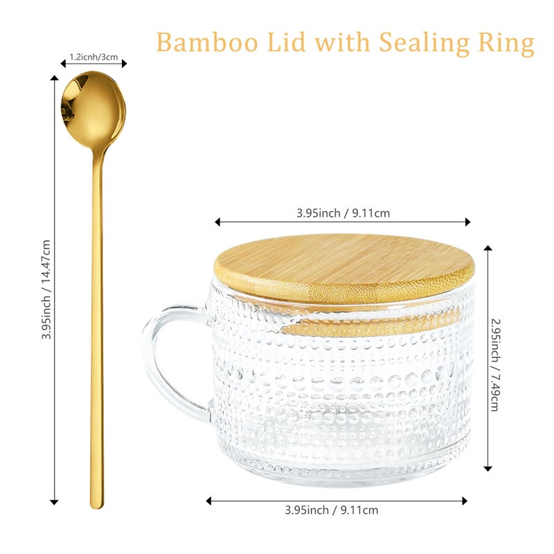 Icesip 14oz Vintage Coffee Mugs Glass of 6 Hobnail Overnight Oats Glass Mug with Handle Bamboo Lids Spoon for Iced Coffee Latte Yogurt(Hobnail*6 with Seal Ring Lid) - Image 4