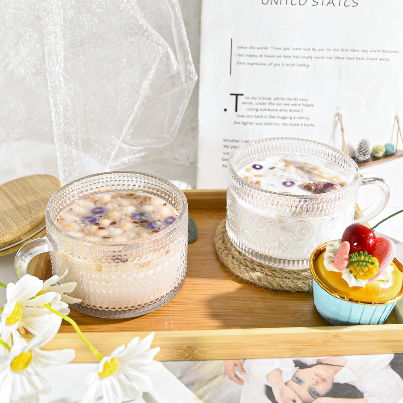 Icesip 14oz Vintage Coffee Mugs Glass of 6 Hobnail Overnight Oats Glass Mug with Handle Bamboo Lids Spoon for Iced Coffee Latte Yogurt(Hobnail*6 with Seal Ring Lid) - Image 2