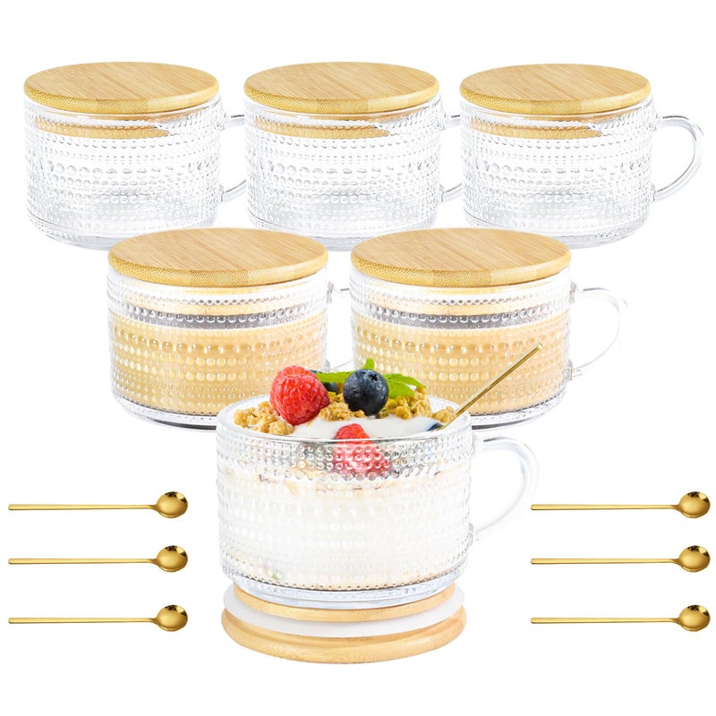 Icesip 14oz Vintage Coffee Mugs Glass of 6 Hobnail Overnight Oats Glass Mug with Handle Bamboo Lids Spoon for Iced Coffee Latte Yogurt(Hobnail*6 with Seal Ring Lid) - Image 1