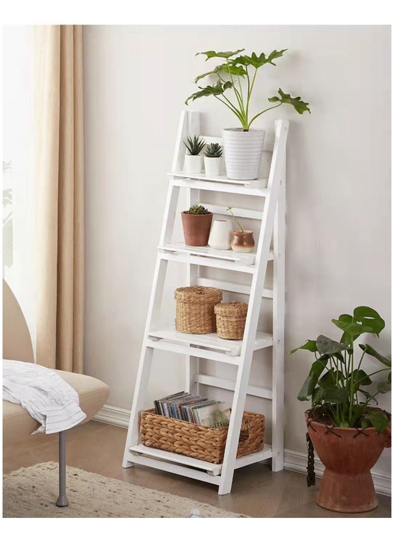 Generic Wooden Foldable Plant Stand Shelf 4 Tier Shelves Flower Pot Display Storage Rack Towel Holder For Bathroom  - Image 1