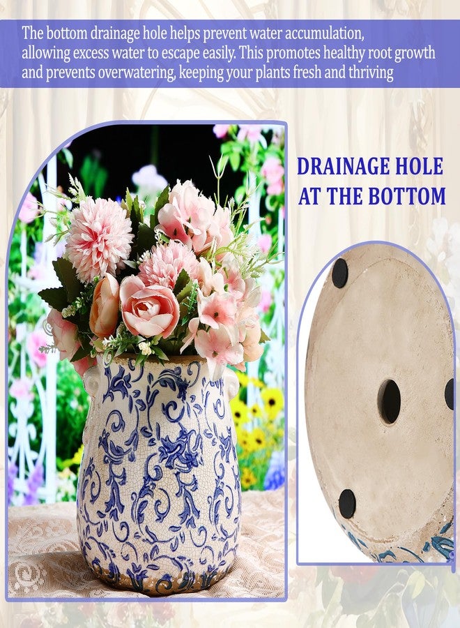 Ninehaoou Ceramic Scroll Planter 6.5 Inch Chinoiserie Floral Vase with Drainage Holes Vintage Flower Vase Flower Pot Rustic Ceramic Pots for Indoor Plants Garden Home Bookshelf Decor (Retro Blue) - Image 5
