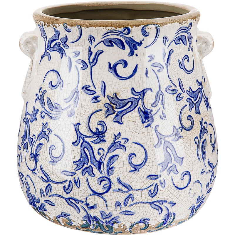 Ninehaoou Ceramic Scroll Planter 6.5 Inch Chinoiserie Floral Vase with Drainage Holes Vintage Flower Vase Flower Pot Rustic Ceramic Pots for Indoor Plants Garden Home Bookshelf Decor (Retro Blue) - Image 1