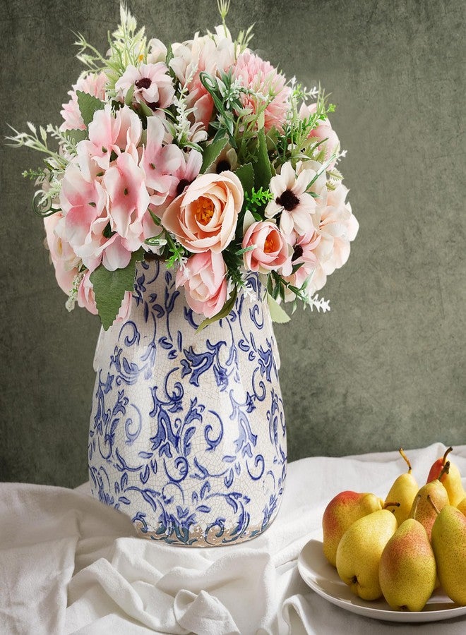 Ninehaoou Ceramic Scroll Planter 6.5 Inch Chinoiserie Floral Vase with Drainage Holes Vintage Flower Vase Flower Pot Rustic Ceramic Pots for Indoor Plants Garden Home Bookshelf Decor (Retro Blue) - Image 2