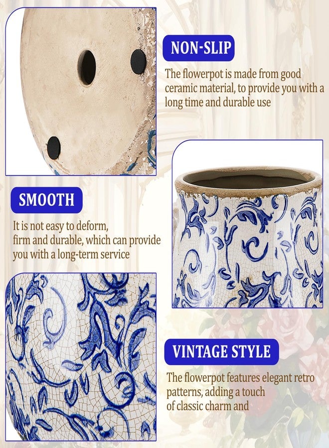 Ninehaoou Ceramic Scroll Planter 6.5 Inch Chinoiserie Floral Vase with Drainage Holes Vintage Flower Vase Flower Pot Rustic Ceramic Pots for Indoor Plants Garden Home Bookshelf Decor (Retro Blue) - Image 4