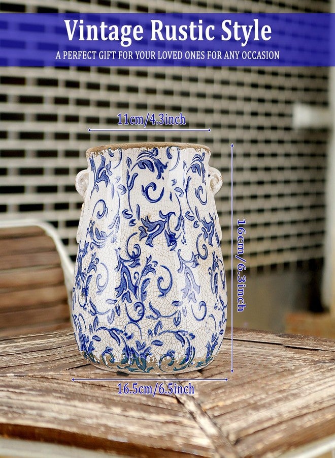 Ninehaoou Ceramic Scroll Planter 6.5 Inch Chinoiserie Floral Vase with Drainage Holes Vintage Flower Vase Flower Pot Rustic Ceramic Pots for Indoor Plants Garden Home Bookshelf Decor (Retro Blue) - Image 3