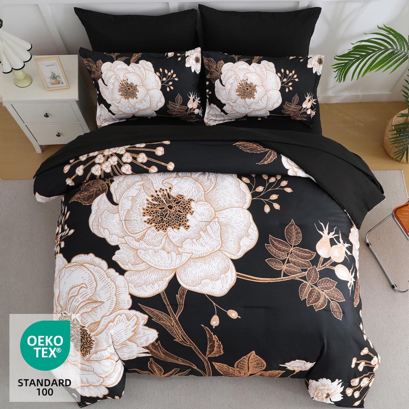 Luxudecor Floral Queen Comforter Set 7 Pieces Bed in a Bag, White Flower Print on Black Bedding Set, Soft Reversible Comforter with Sheet Set 90"x90" - Image 3